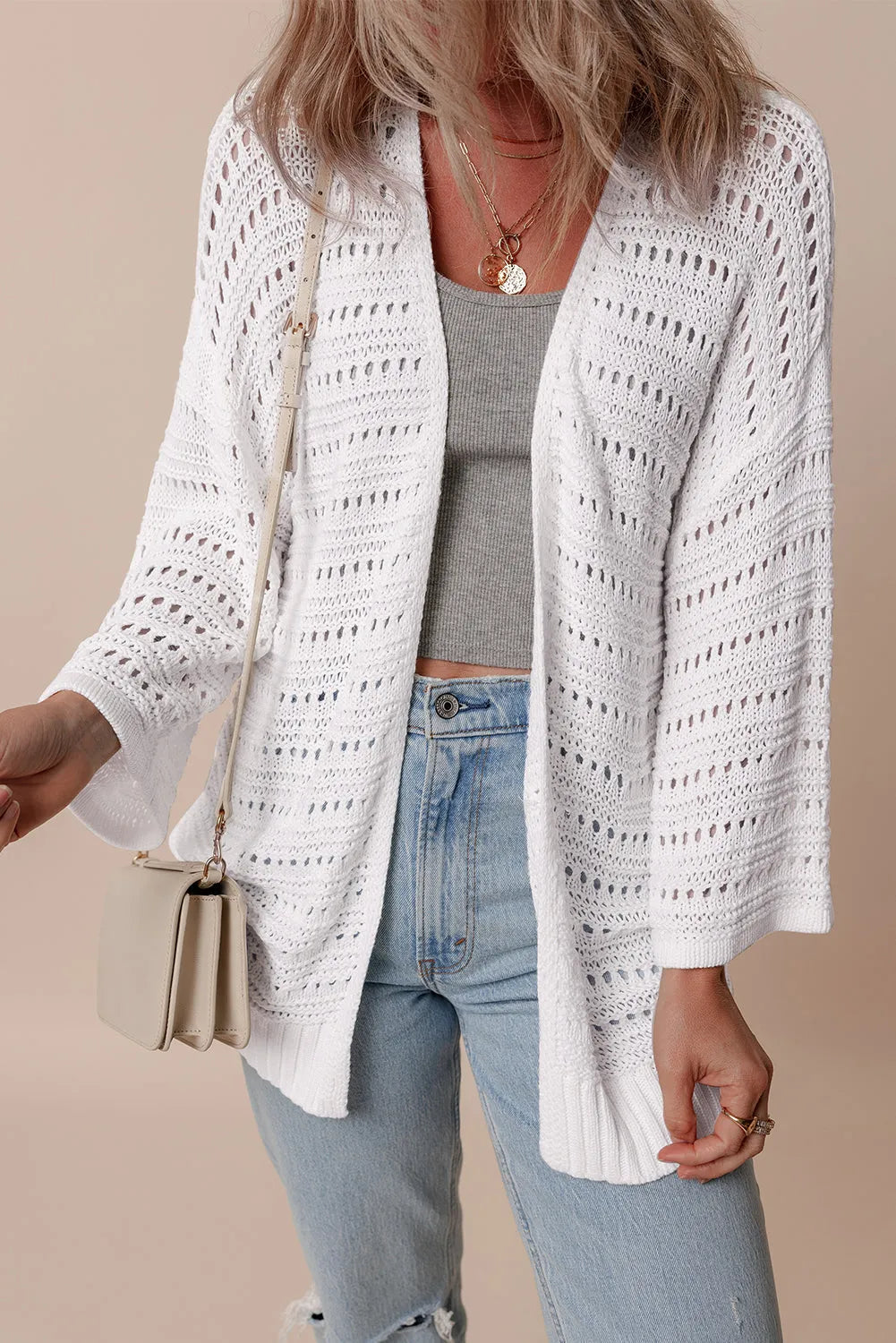 White Pointelle Knit Bracelet Sleeve Open Cardigan - Chic Meadow Boutique 