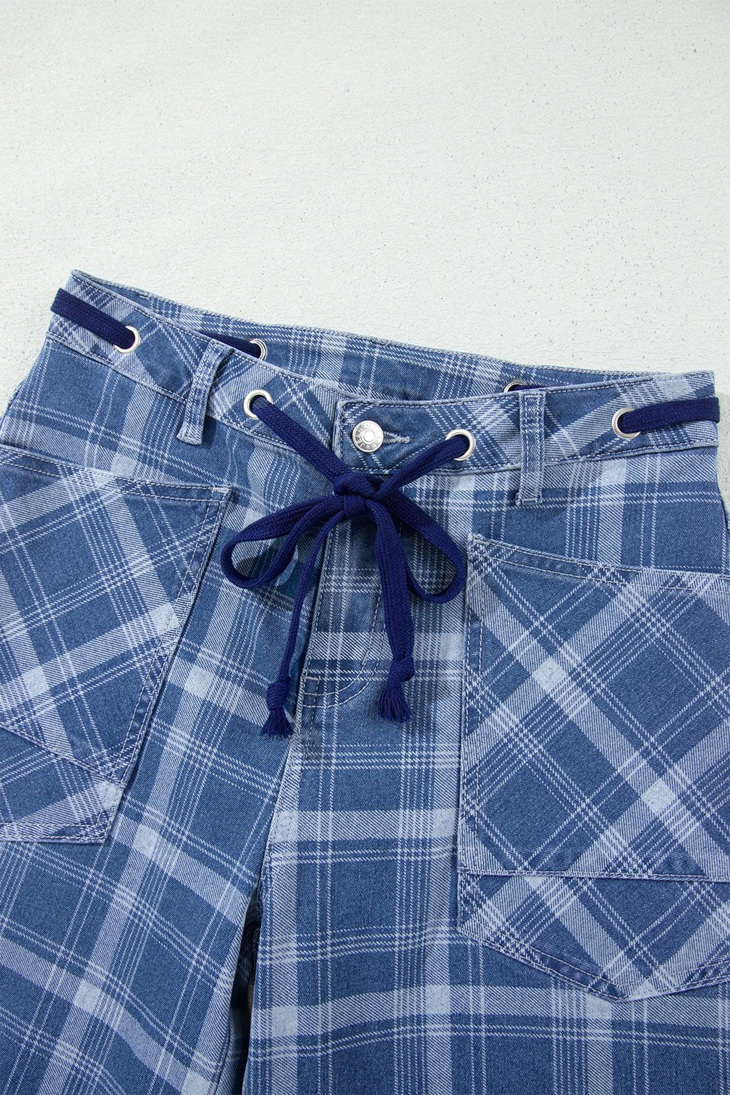 Sky Blue Plaid Denim Grommet Drawstring Waist Ankle-Length Jeans
