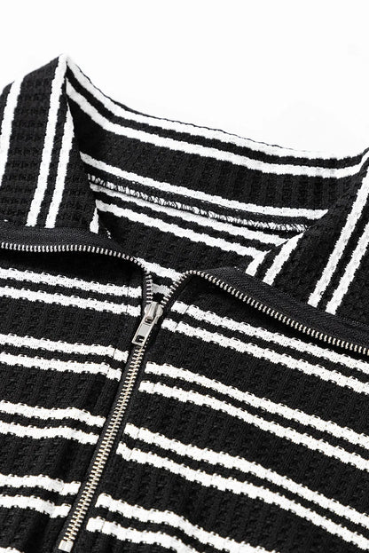 Black Stripe Textured Quarter Zip Collar Long Sleeve Top - Chic Meadow Boutique 