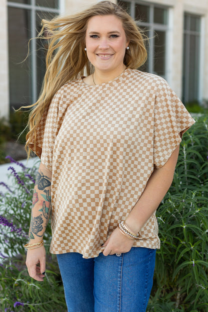 Khaki Checkerboard Short Batwing Sleeve Round Neck Plus Size T Shirt