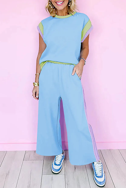 Sky Blue Color Block Detail Casual Two-piece Outfit - Chic Meadow Boutique 