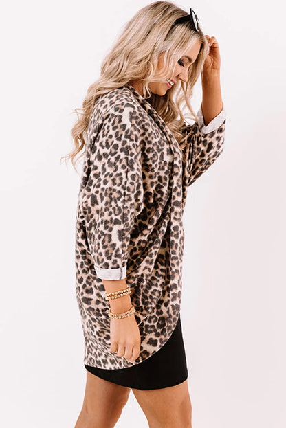 Khaki Leopard Print Batwing Sleeve Loose Tunic Cardigan - Chic Meadow Boutique 