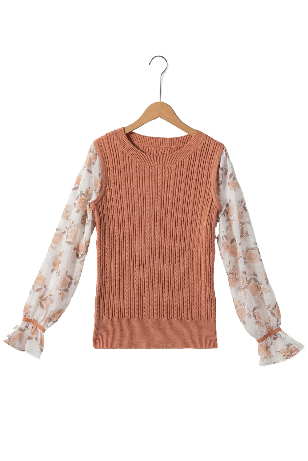 Golden Floral Patchwork Ruffled Cuff Cable Knit Sweater - Chic Meadow Boutique 