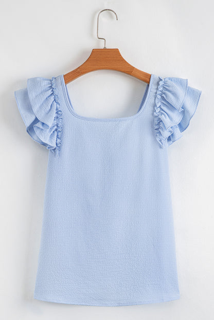Beau Blue Textured Bow Knot Frilled Butterfly Sleeve Blouse