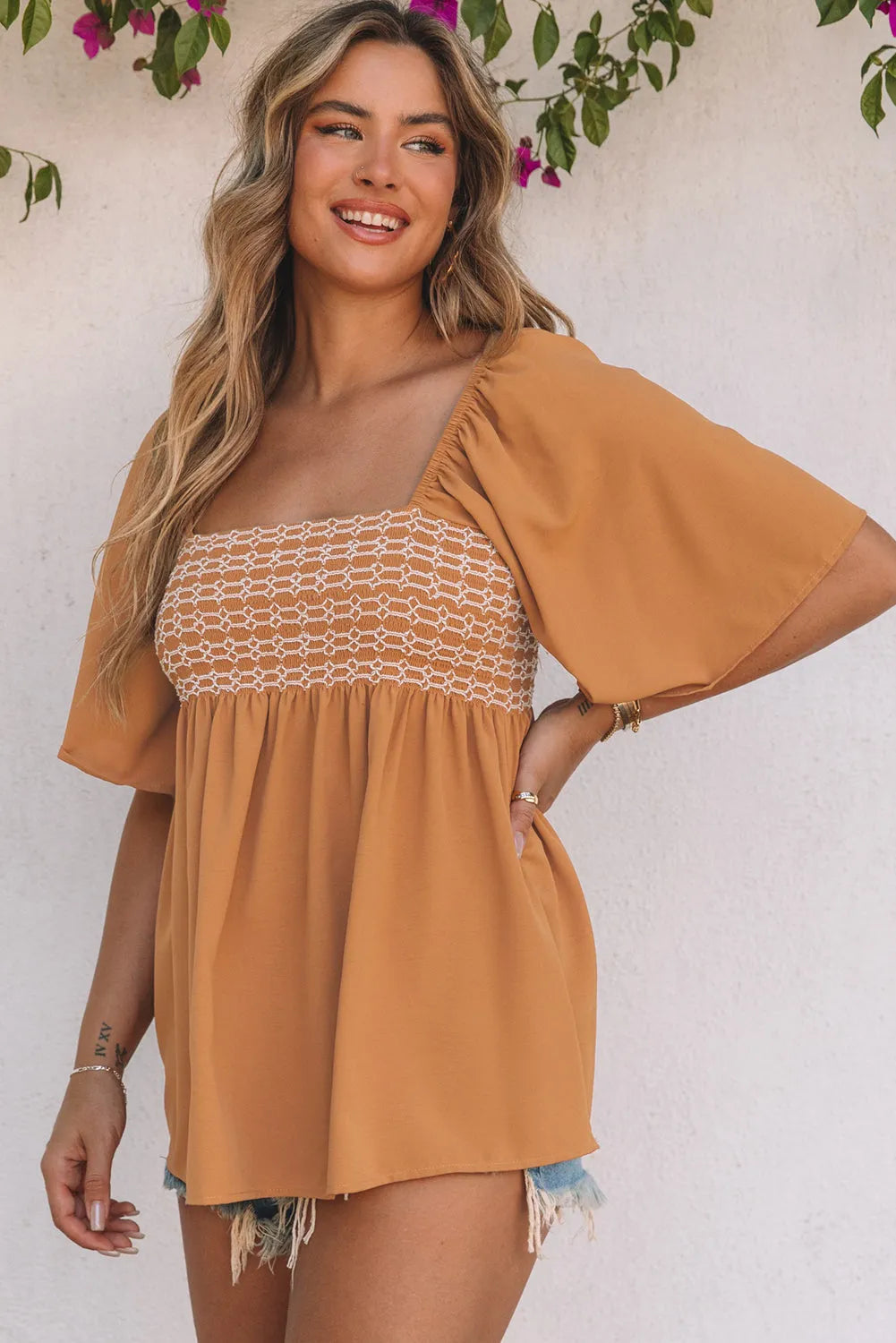 Brown Square Neck Wide Sleeves Flowy Top - Chic Meadow Boutique 