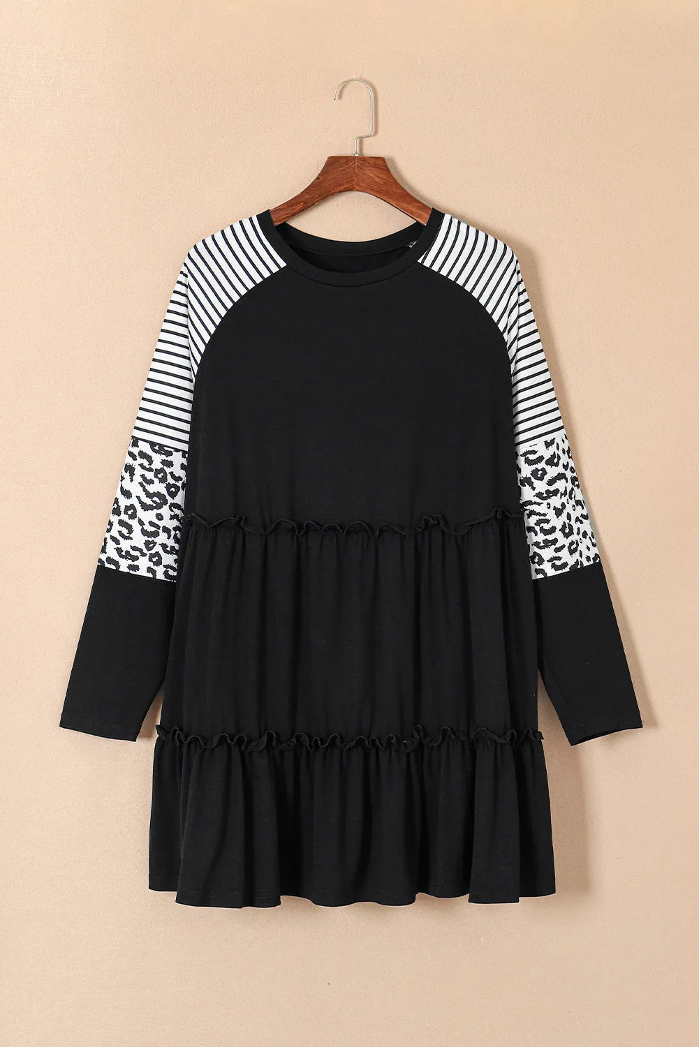 Black Plus Size Striped Leopard Patch Sleeve Ruffle Tiered Dress - Chic Meadow Boutique 