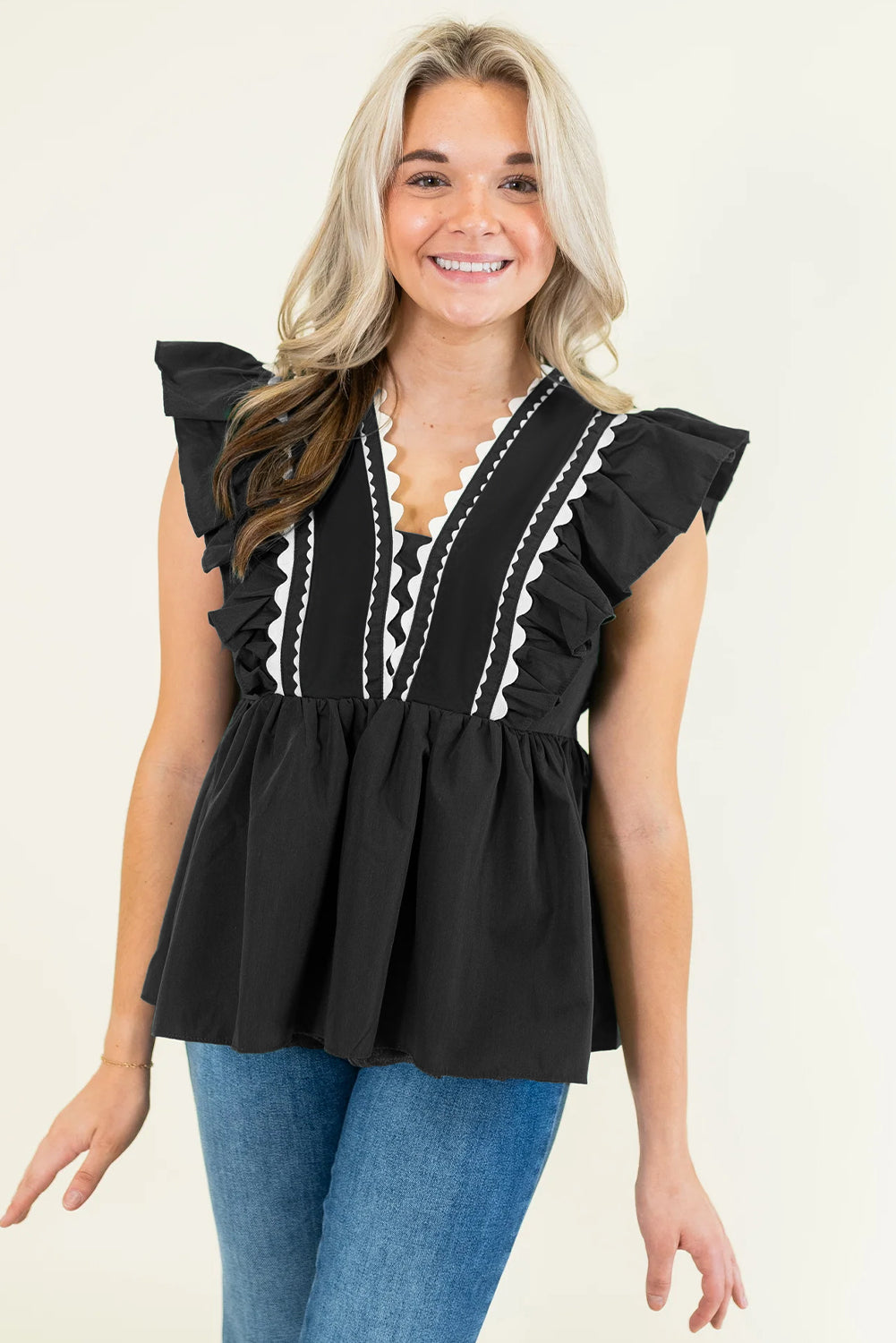 Black Contrast Ricrac Trim Ruffled V Neck Peplum Top