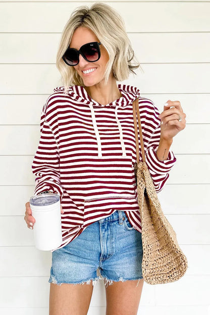 Burgundy Stripe Kangaroo Pocket Drawstring Hoodie - Chic Meadow Boutique 