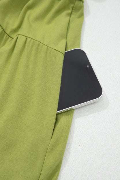 Fern Green Solid V Neck Cap Sleeve Tunic Elastic Waist Versatile Maxi Dress