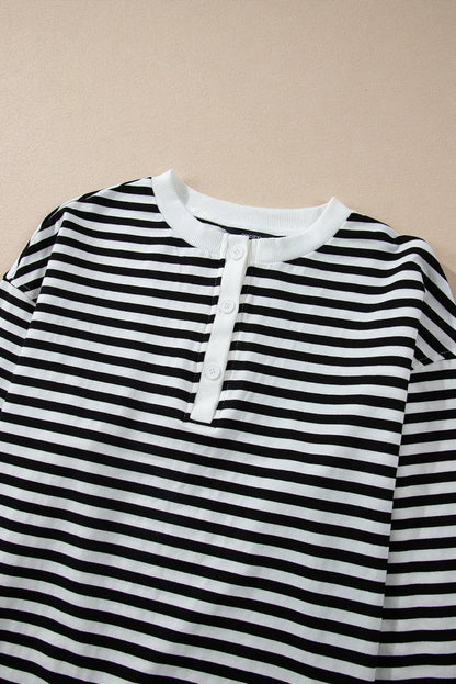 White Stripe Color Block Buttoned Crew Neck Oversized Sweatshirt - Chic Meadow Boutique 