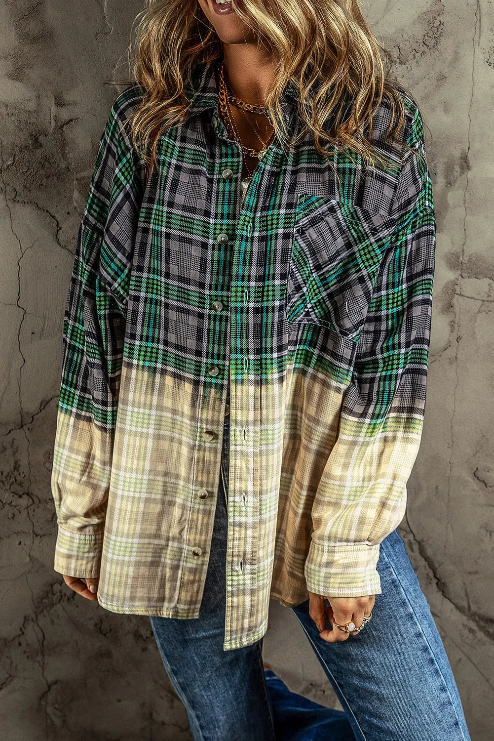 Blackish Green Contrast Plaid Patchwork Chest Pocket Button up Shacket - Chic Meadow Boutique 