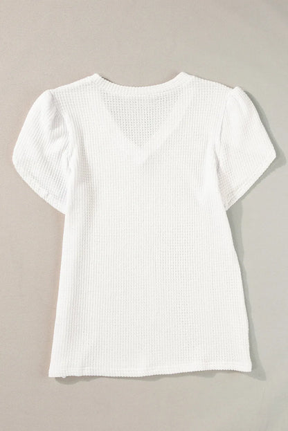 White V Neck Petal Sleeve Waffle Knit T-Shirt - Chic Meadow Boutique 