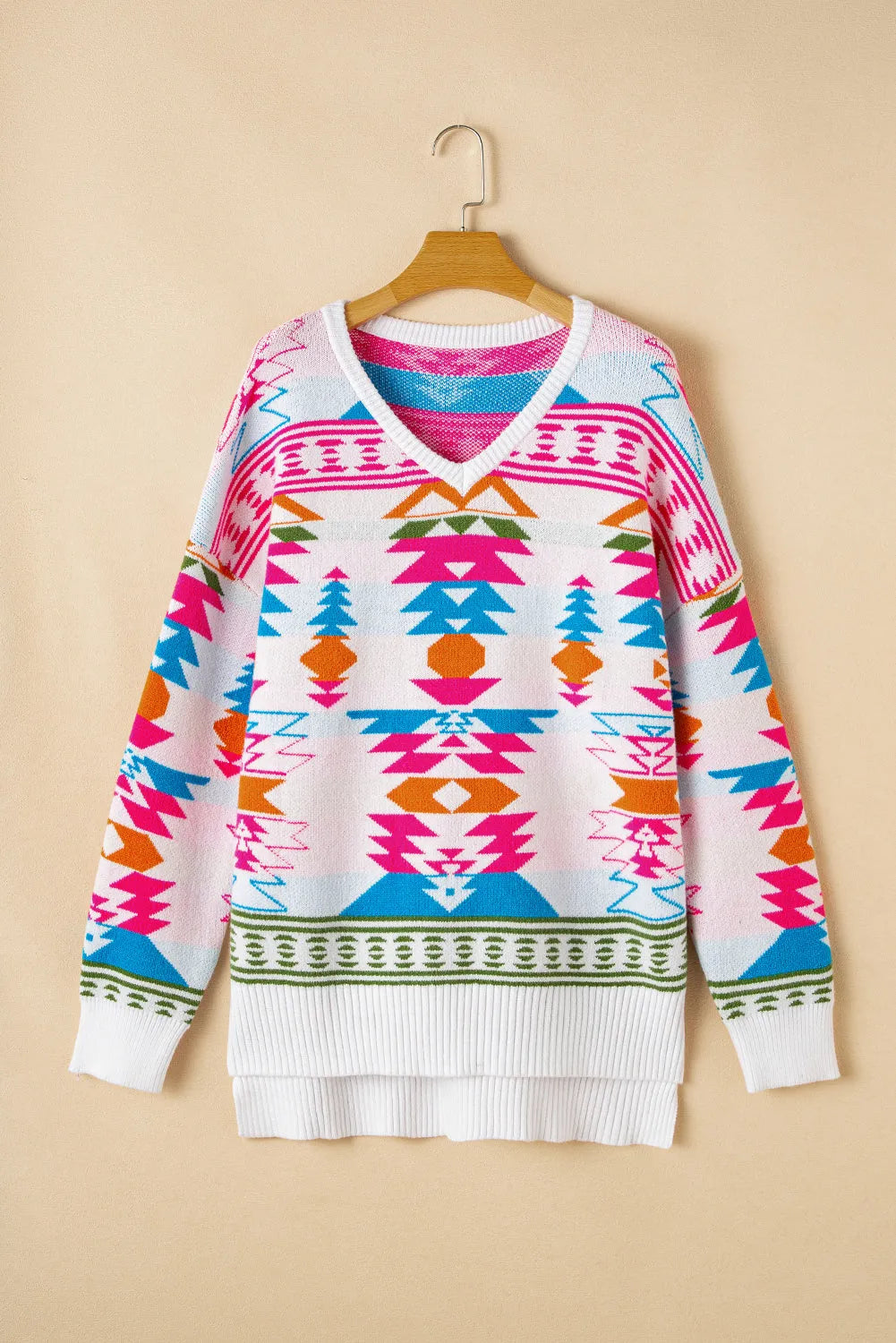 White Oversize Aztec Print High Low V Neck Sweater - Chic Meadow Boutique 