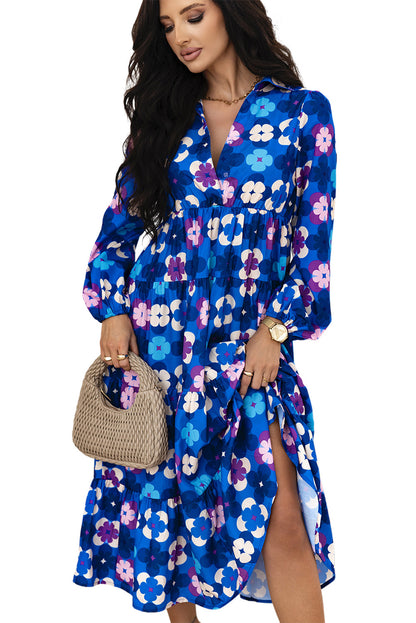 Blue Floral Peasant Sleeve Tiered Ruffle Midi Dress