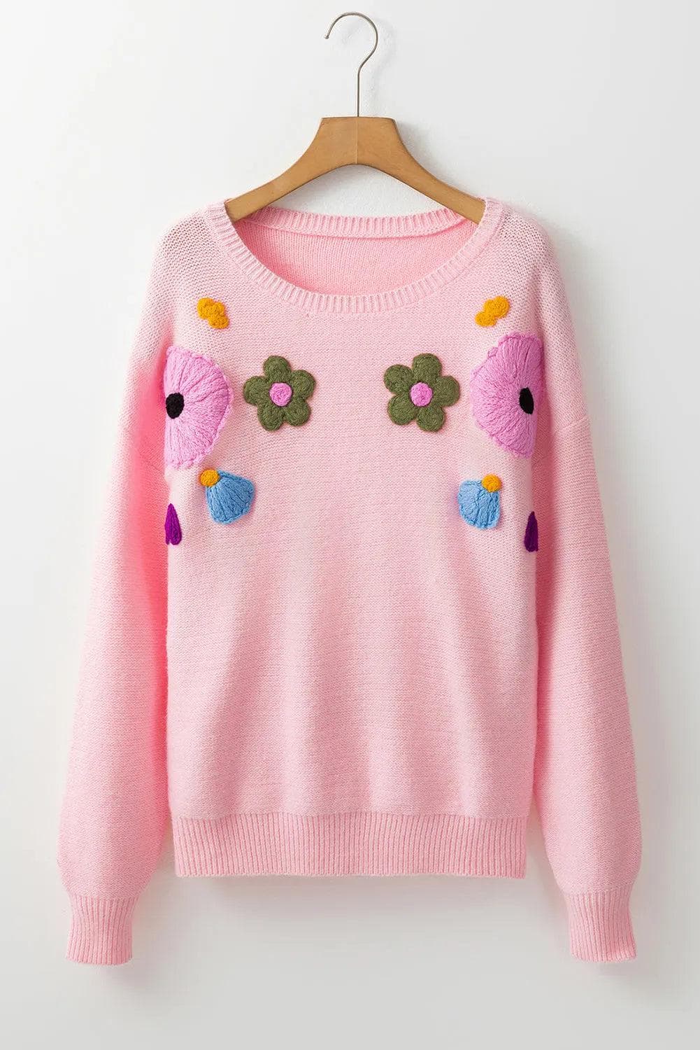 Sweaters & Cardigans/Sweaters Pink Knitted Flower Pattern Ribbed Edge Sweater