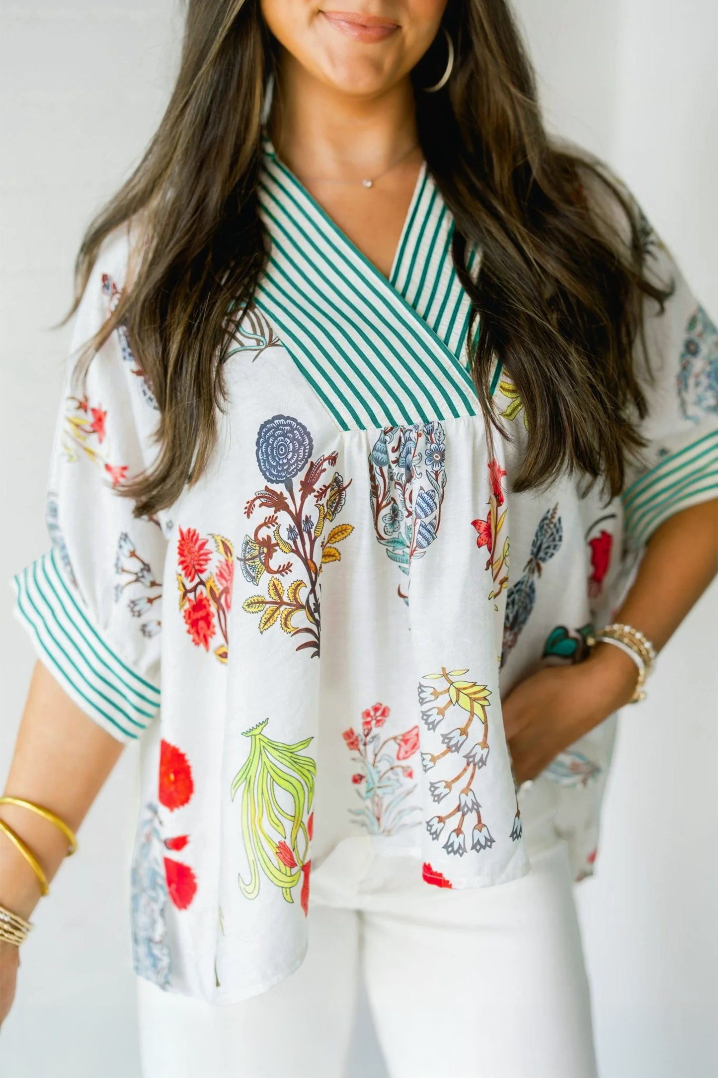 Beige Floral Print Striped Contrast Trim V Neck Half Sleeve Blouse