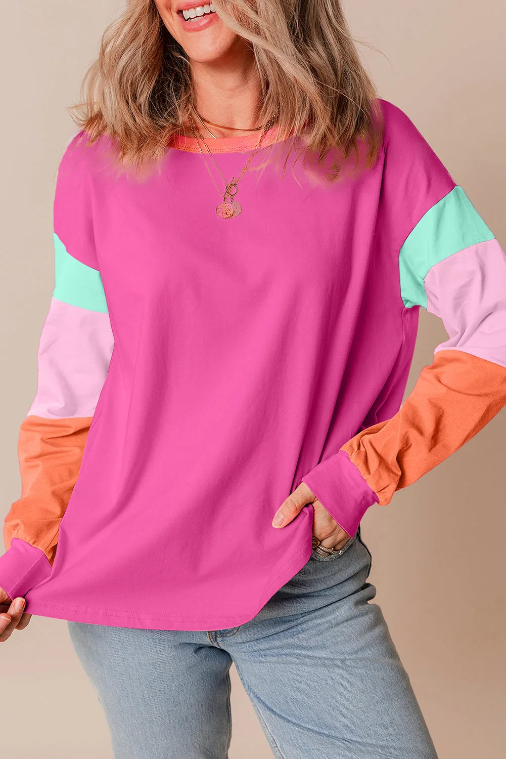 Rose Red Colorblock Patchwork Long Sleeve Loose Top - Chic Meadow Boutique 