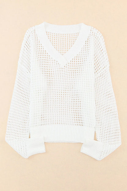 White Hollow Out Knitted Loose Fit V Neck Sweater - Chic Meadow Boutique 