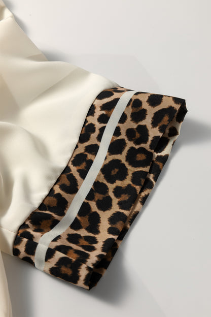Jet Stream Leopard Patchwork Trim Split Neck Short Sleeve Blouse