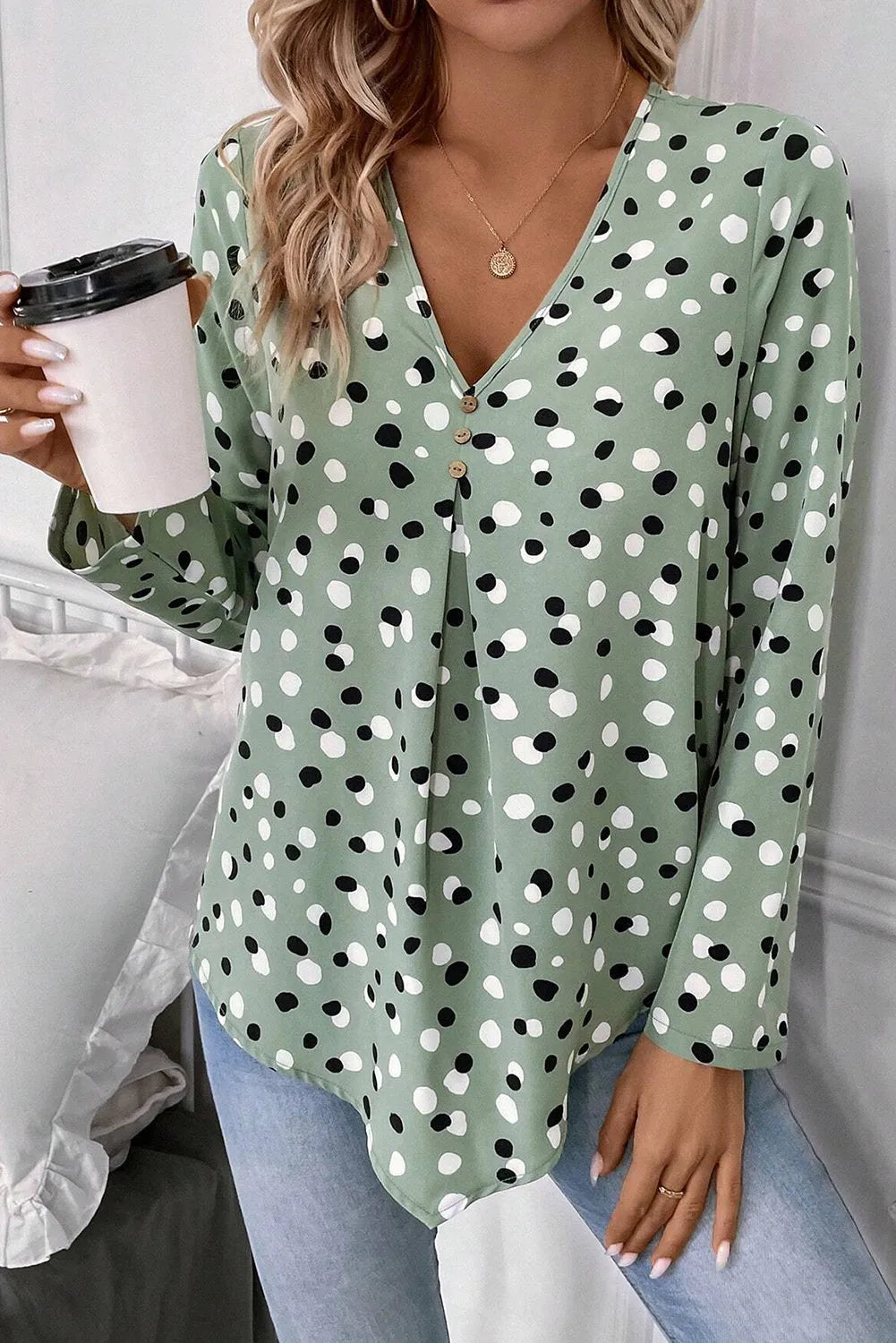 Green Polka Dot Print Button Front V Neck Blouse - Chic Meadow Boutique 