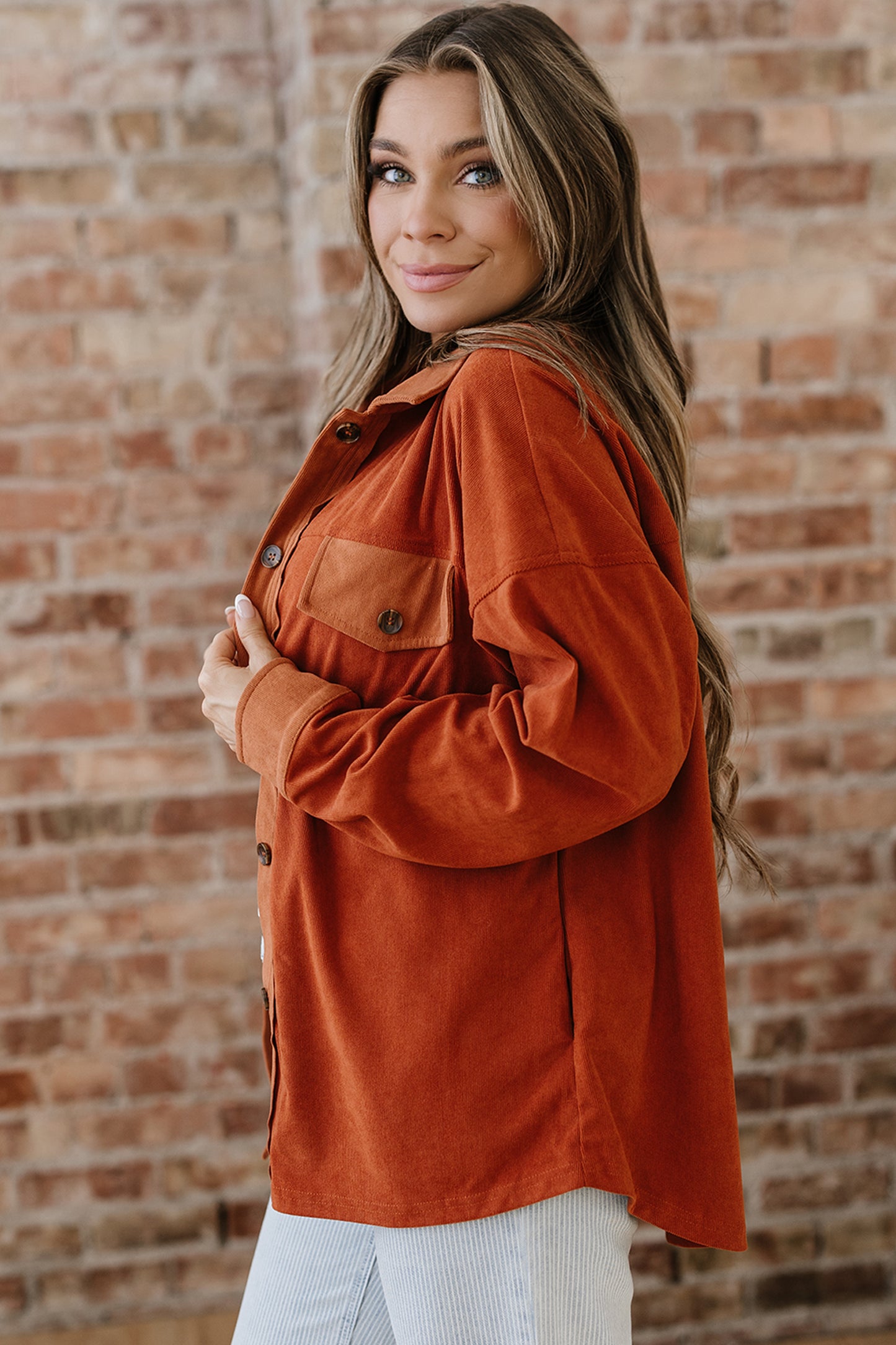 Gold Flame Velvet Flap Pockets Drop Shoulder Casual Shacket