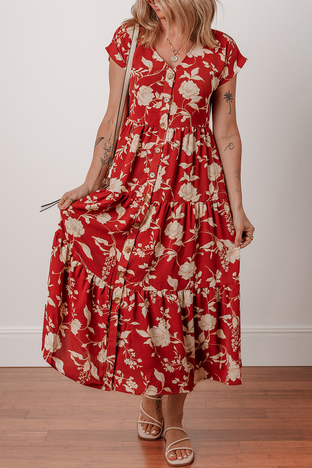 Red Floral Print Buttoned Front V Neck Tiered Short Sleeve Midi Dress