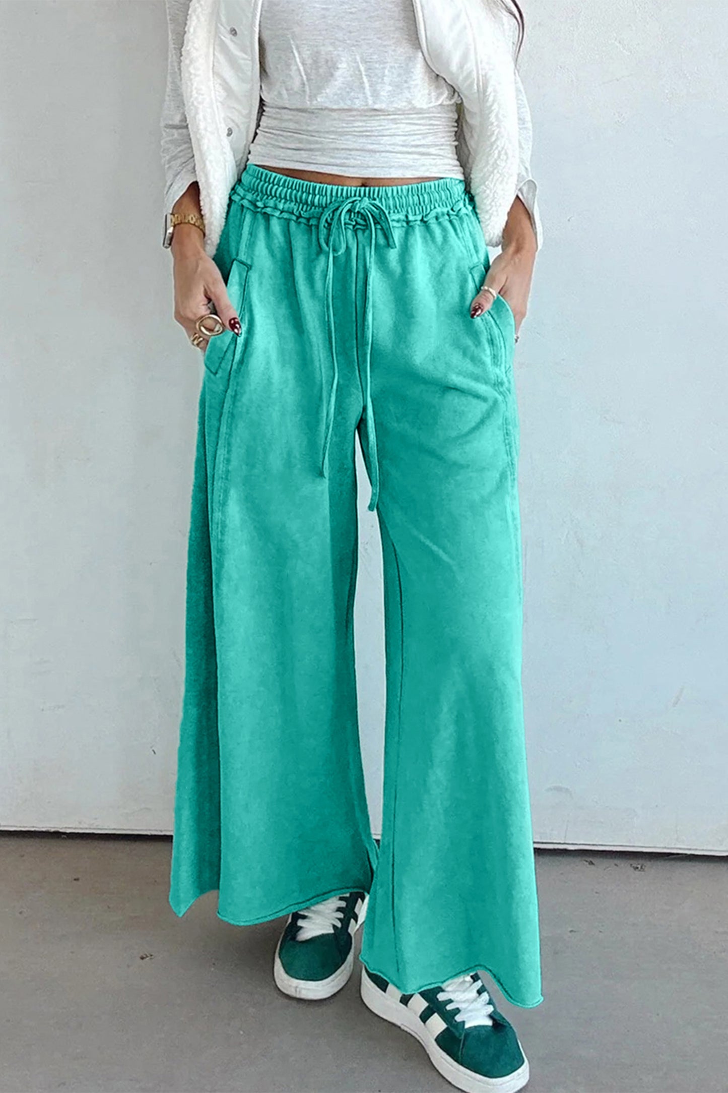 Sea Green Mineral Wash Drawstring Elastic Waist Raw Hem Loose Pants