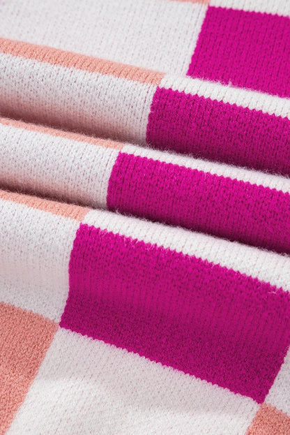 Sweaters & Cardigans/Sweaters Pink Checkered Ribbed Edge O Neck Drop Shoulder Sweater