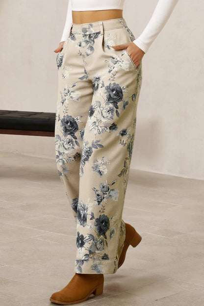 Beige Retro Floral Print Turn-up Cuffed Hem Loose Jeans