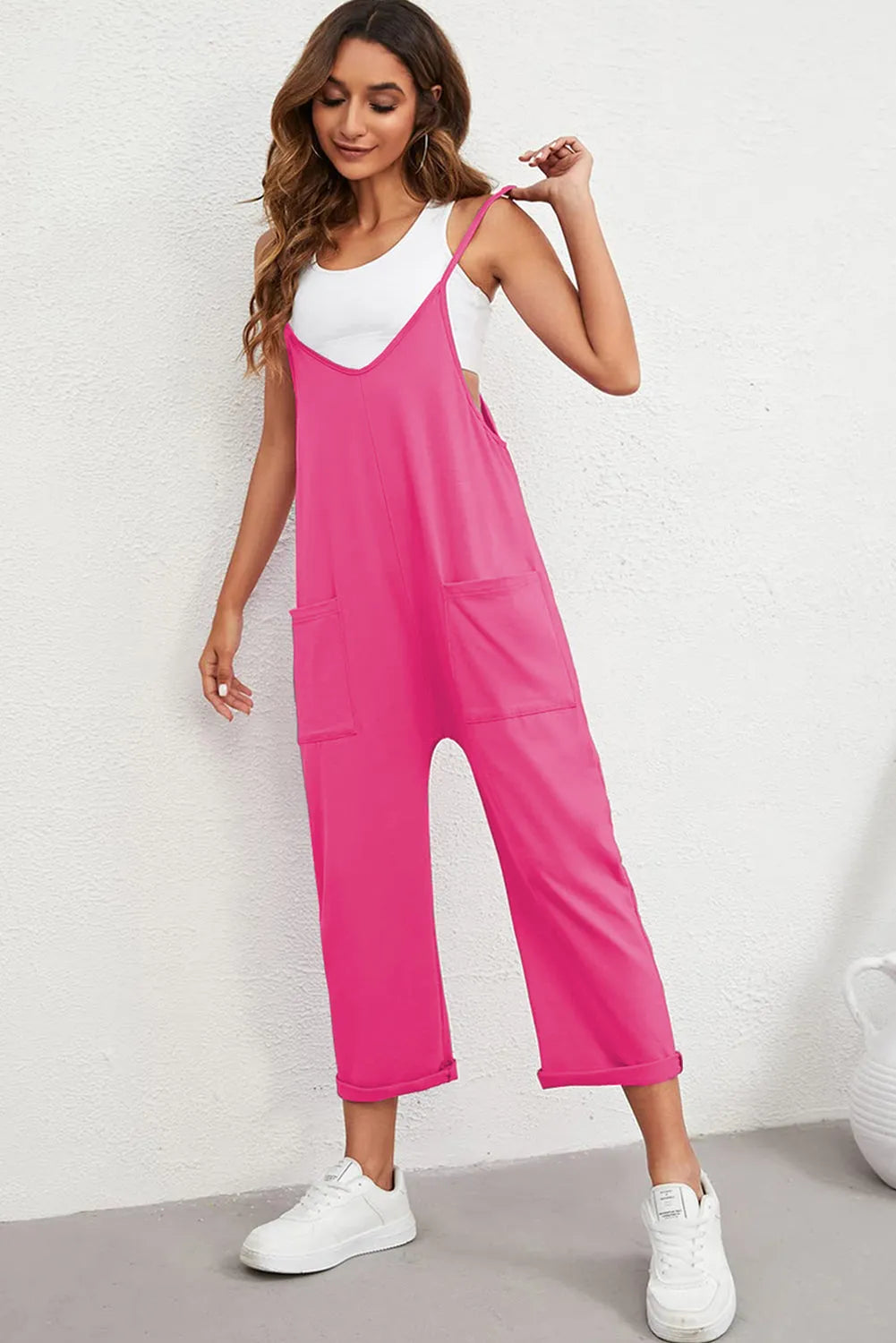 Rose Red Black Pocketed Adjustable Spaghetti Strap Straight Leg Jumpsuit - Chic Meadow Boutique 