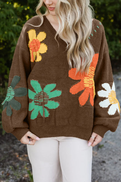 Coffee Big Flower Pattern V Neck Drop Shoulder Sweater - Chic Meadow Boutique 