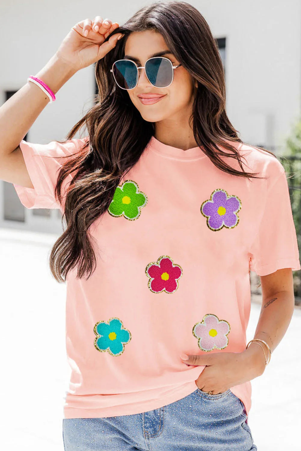 Pink Glittering Chenille Flower Patched Pattern Crewneck T Shirt - Chic Meadow Boutique 