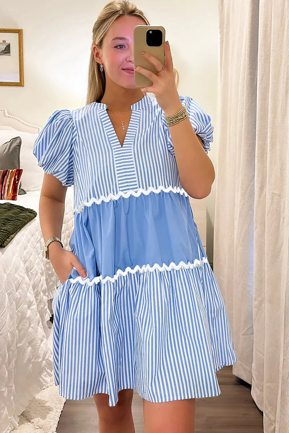 Sky Blue Ric Rac Striped Bubble Sleeve V Neck Dress - Chic Meadow Boutique 