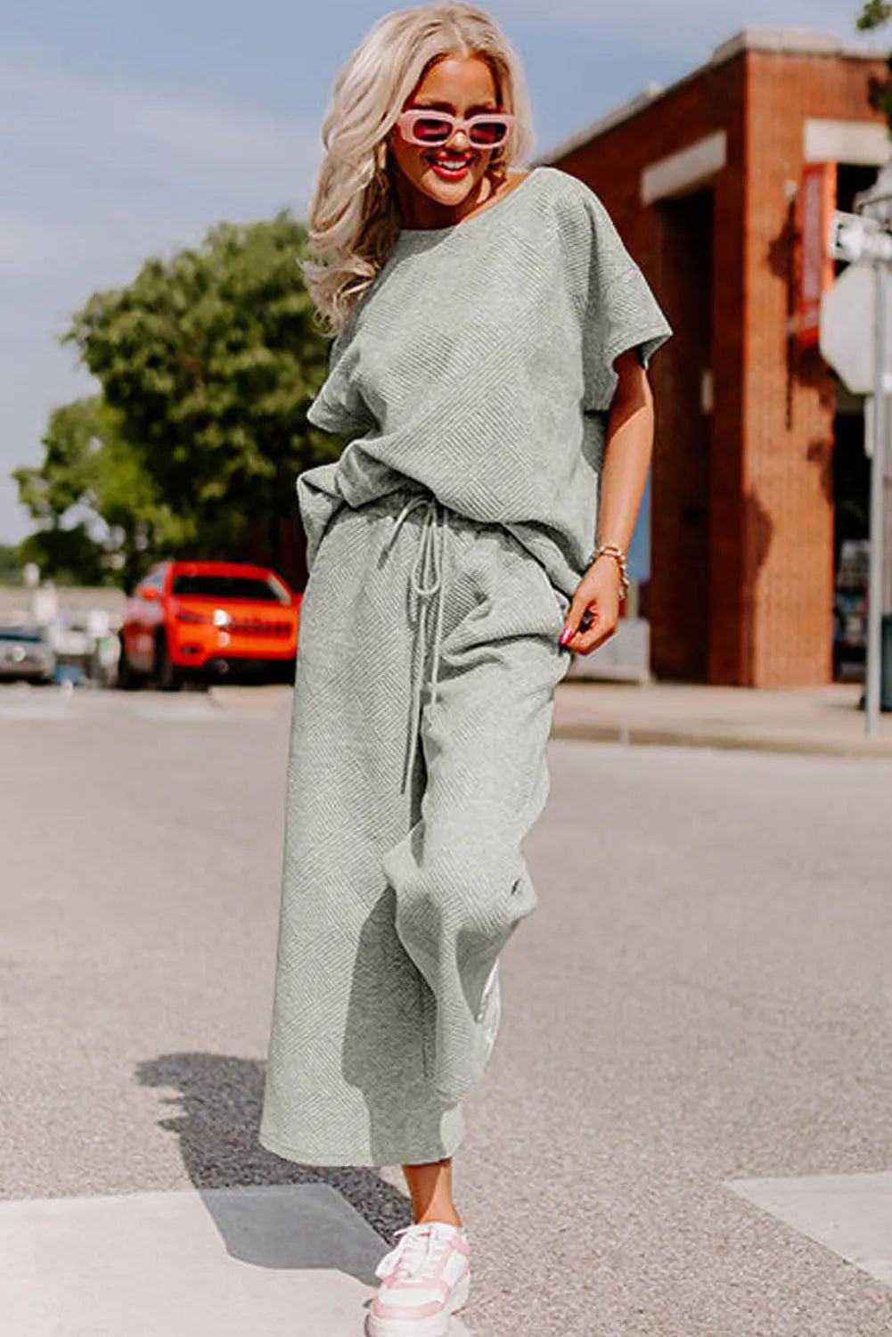 Gray Textured Loose Fit T Shirt and Drawstring Pants Set - Chic Meadow Boutique 