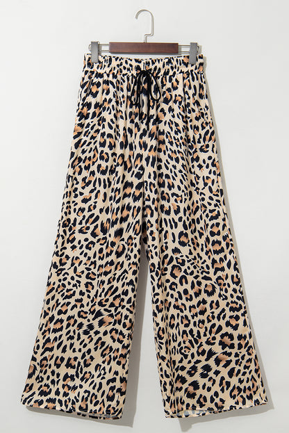Parchment Leopard Drawstring Flowy Wide Leg Pants