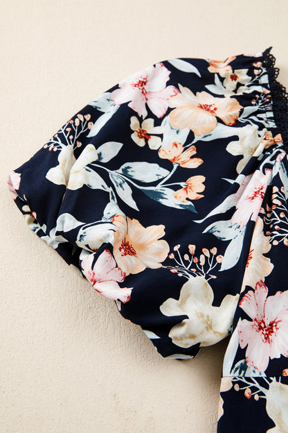 Blue Short Sleeve Smocked Detail High Waist Floral Maxi Dress