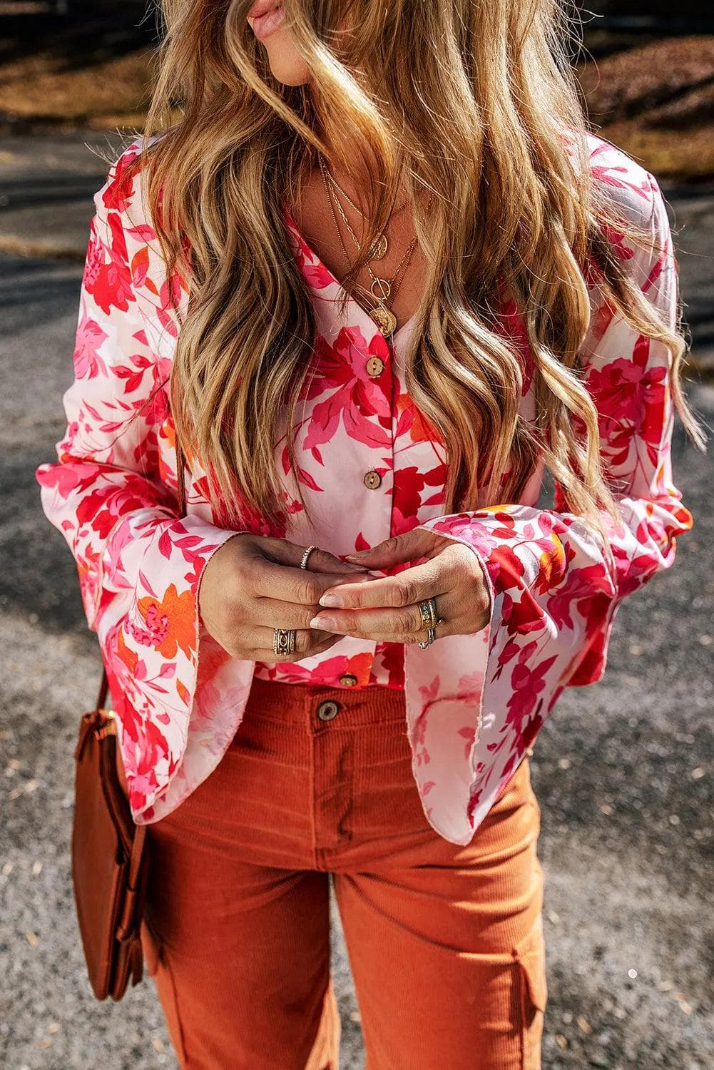 Tops/Bodysuits Pink Floral Print Tiered Bell Long Sleeve Buttoned Bodysuit