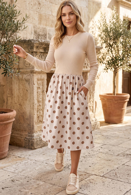 Beige Polka Dot Midi Long Sleeve Dress