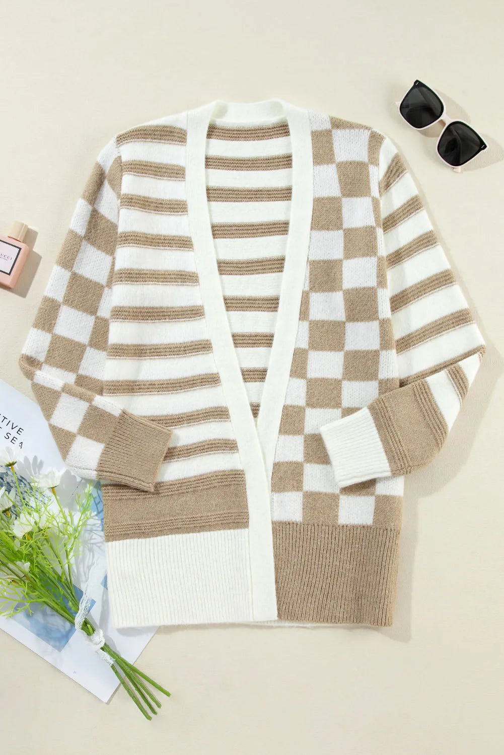 Smoke Gray Gingham Striped Knitted Open Front Cardigan - Chic Meadow Boutique 