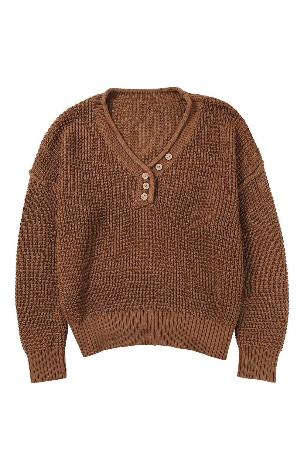 Coffee Pointelle Knit Button V Neck Drop Shoulder Sweater - Chic Meadow Boutique 