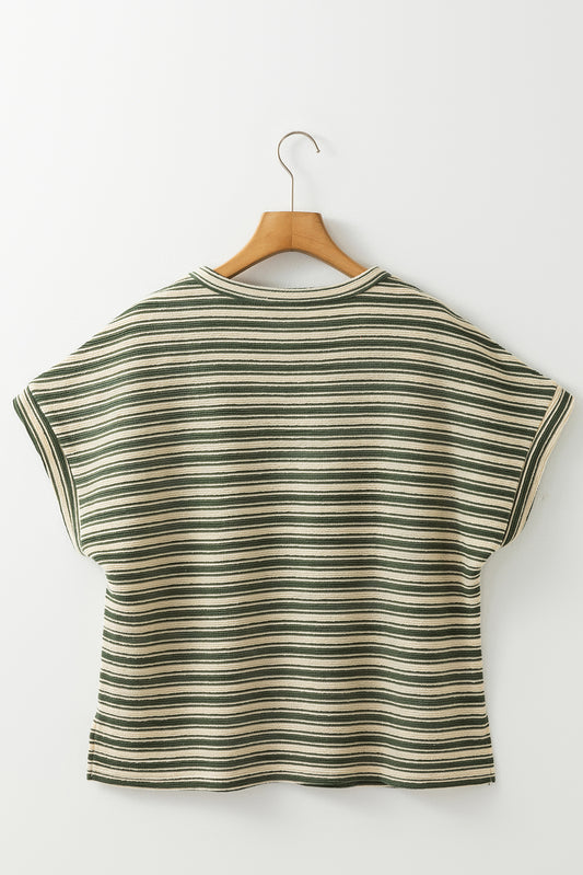 Green Stripe Textured Side Slits Crew Neck T Shirt