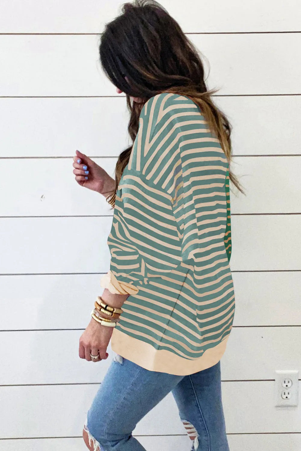 Green Stripe Casual Stripe Colorblock Drop Shoulder Oversize Sweatshirt - Chic Meadow Boutique 