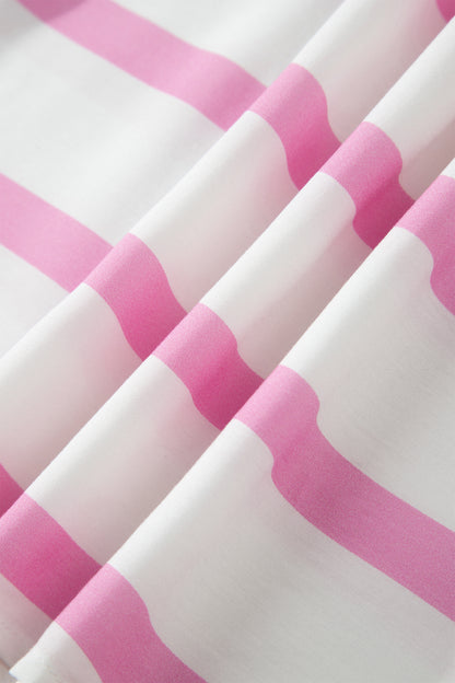 Pink Stripe Ricrac Trim Notched Neck Half Sleeve Vacation Dress
