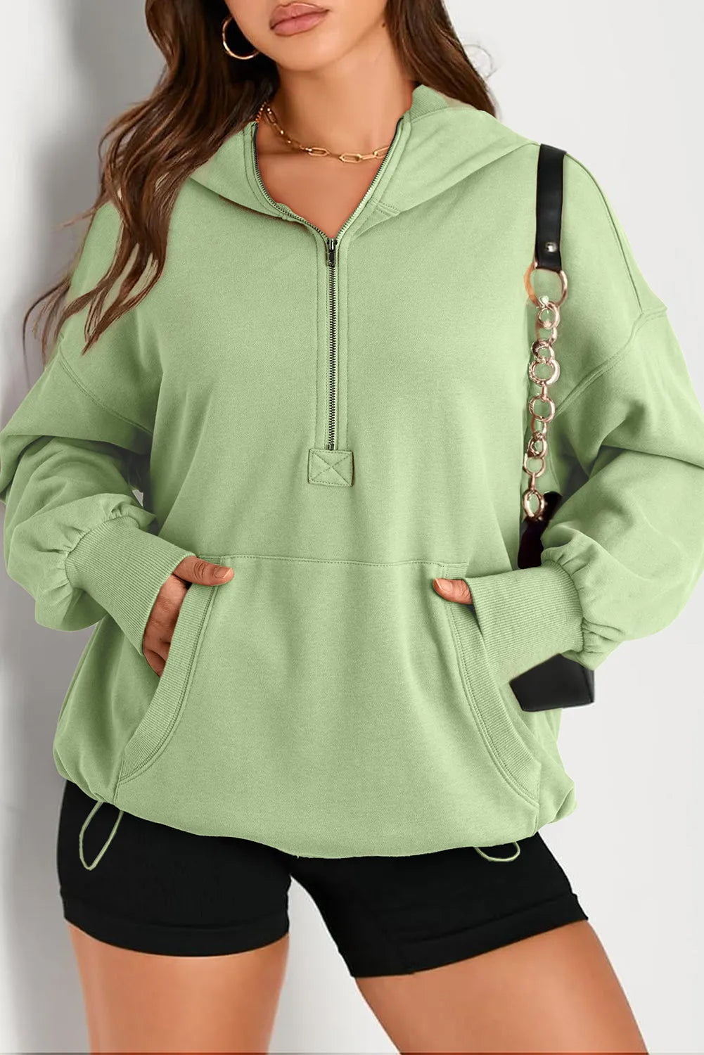 Tops/Sweatshirts & Hoodies Smoke Green / S / 50%Polyester+50%Cotton Smoke Green Solid Kangaroo Pocket Half Zipper Oversized Hoodie