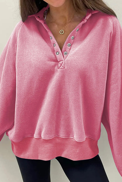 Pink Solid Snap Buttons Collared Balloon Sleeve Oversized Sweatshirt - Chic Meadow Boutique 