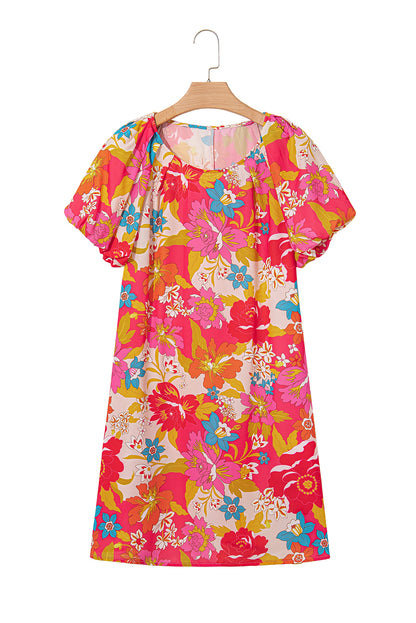Pink Floral Print Bubble Short Sleeve Dress