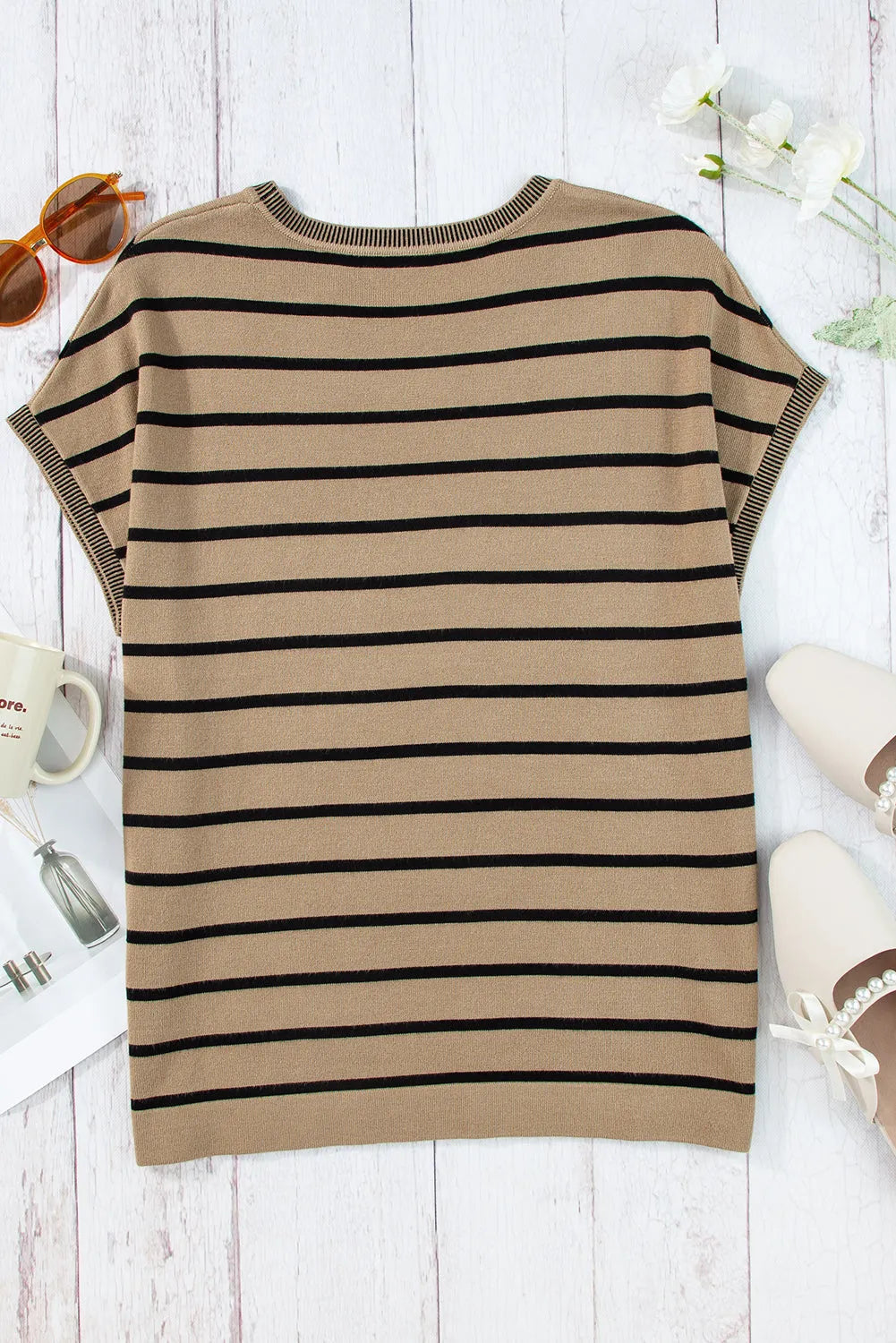 Khaki Stripe Knitted Bat Sleeve T Shirt - Chic Meadow Boutique 