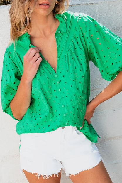 Green Flower Embroidered Hollow-out Puff Sleeve Blouse - Chic Meadow Boutique 