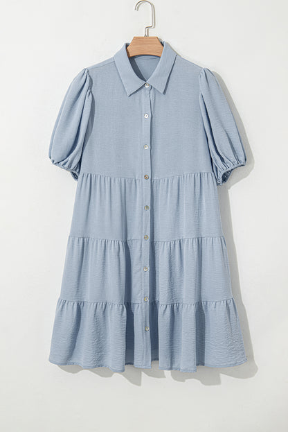 Beau Blue Shirt Collar Button Up Short Puff Sleeve Tiered Shift Dress