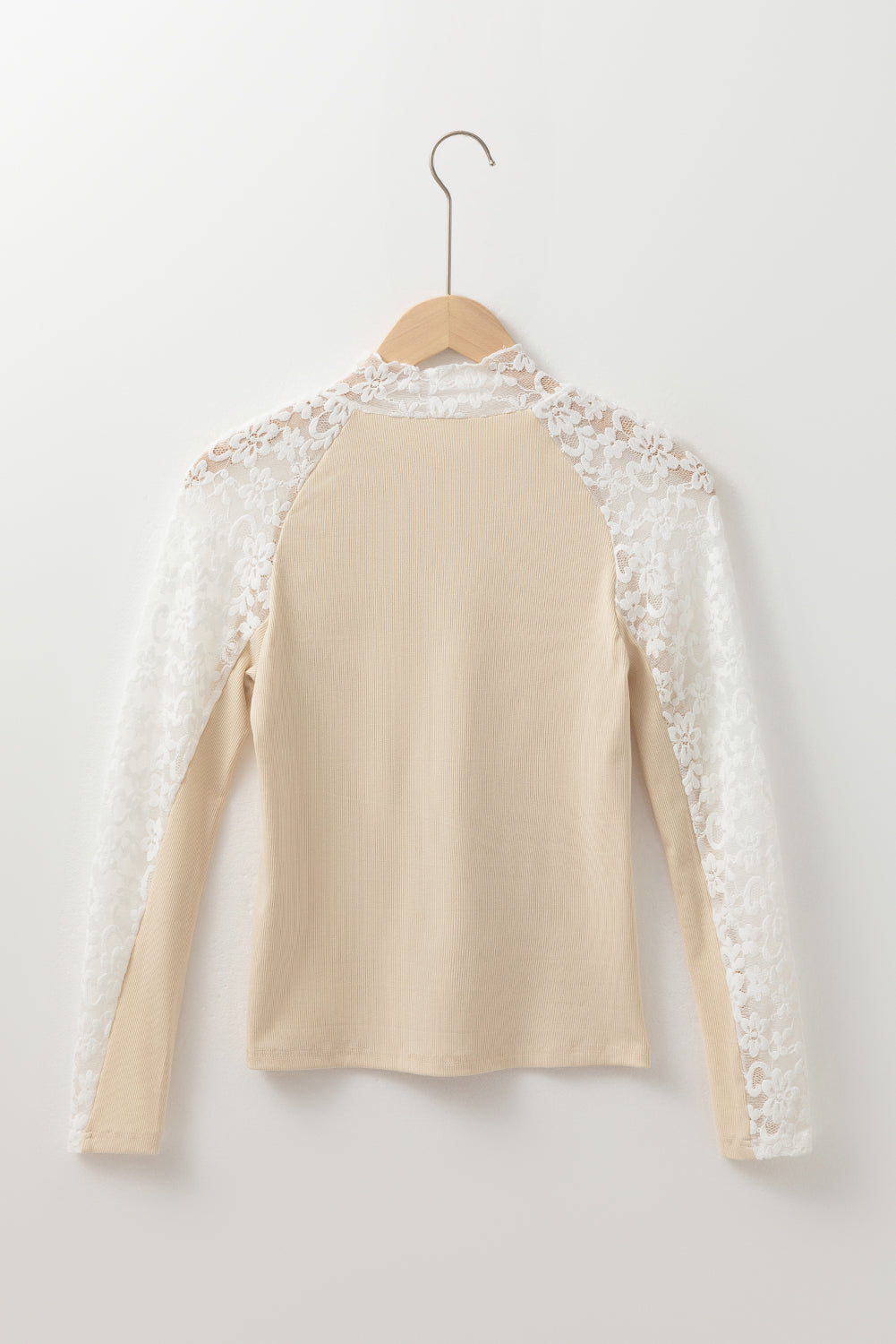 Beige Floral Lace Patchwork Long Sleeve High Neck Slim Top